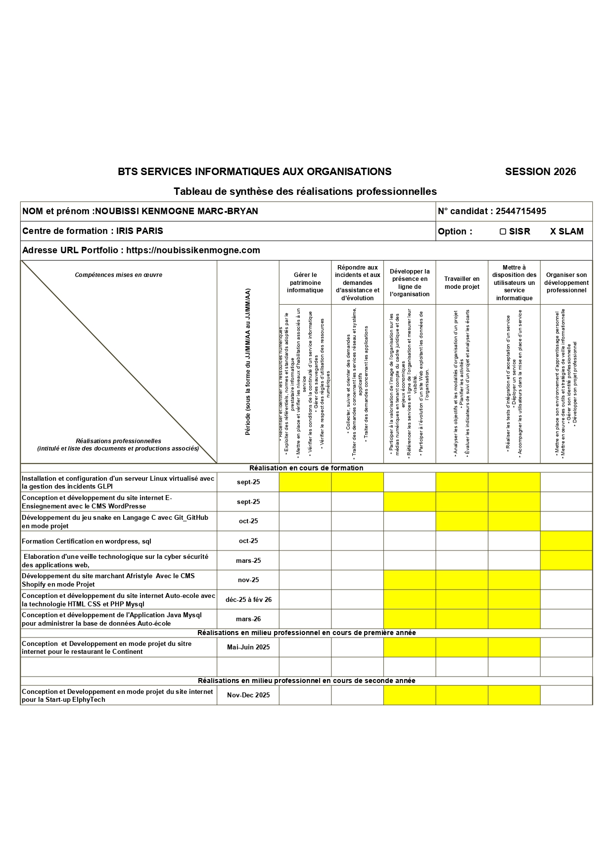 Tableau de synthèse des réalisations professionnelles